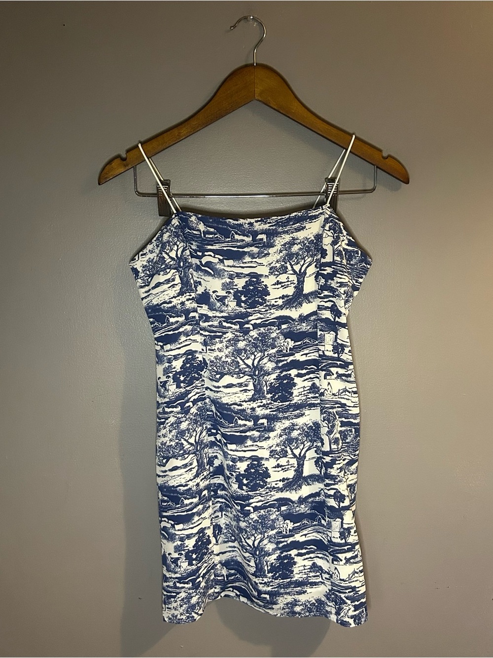 Urban Outfitters Blue Toile Strapless Mini Dress Small Smocked Back
